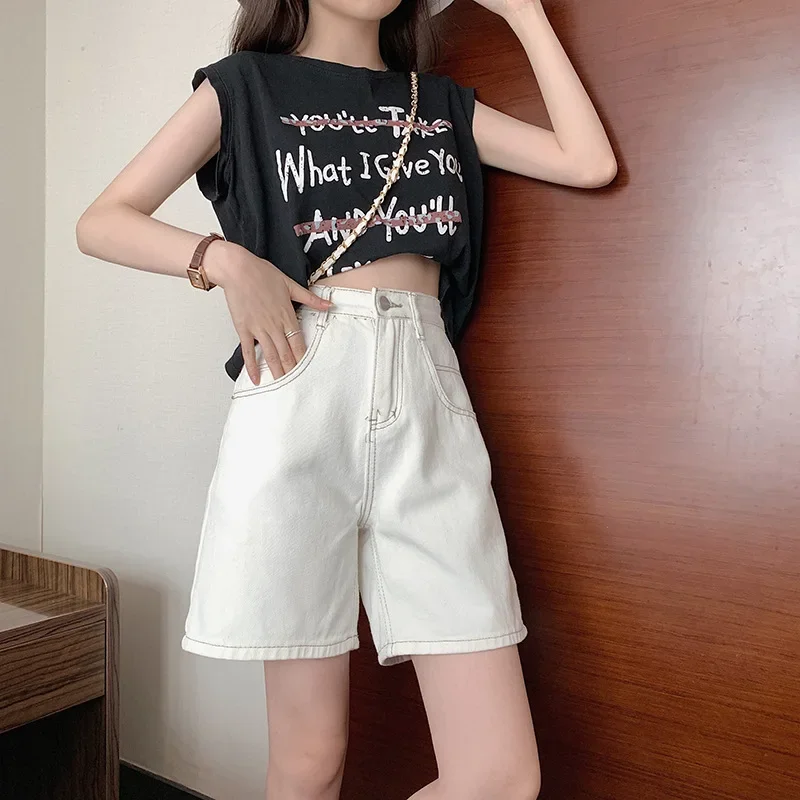 High Waist Slim A-Line Denim Shorts Summer Women Fahsion Light Blue Wide-Leg Hot Pants White Plus Size Sexy Casual Straight Jean