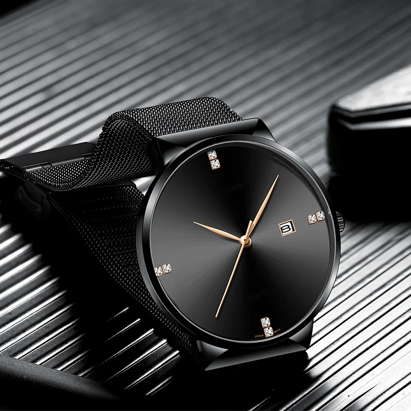 Japanese Original Quartz Movement Watch Luxury Rhinestone 40mm Blue Black Business Style Casual Fashion Stainless Steel Watches 2