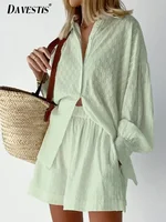 Casual Loose Women Short Two Piece Set Suit Fashion Blouse Long Sleeve Shirt Lady Simple Style Shorts Streetwear Blouse Tops