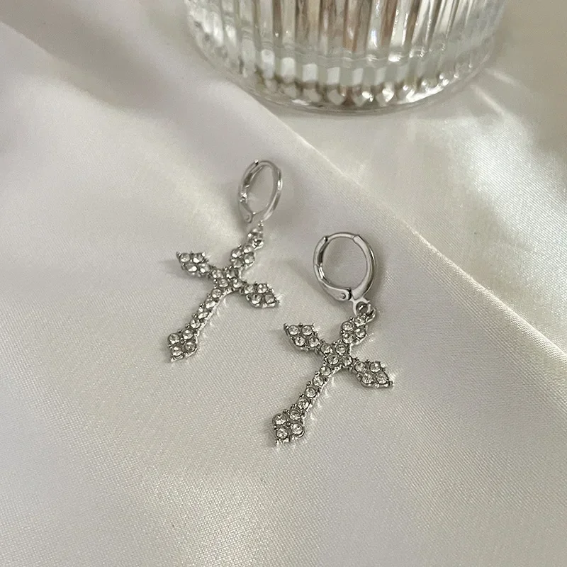 Korean Zircon Crystal Cross Women Drop Earrings for Gothic Punk Hip Hop Party