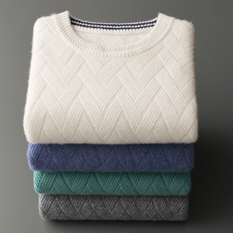 100% pure wool sweater men's round neck jacquard cashmere sweater new thick long-sleeved cashmere sweater in autumn and winter