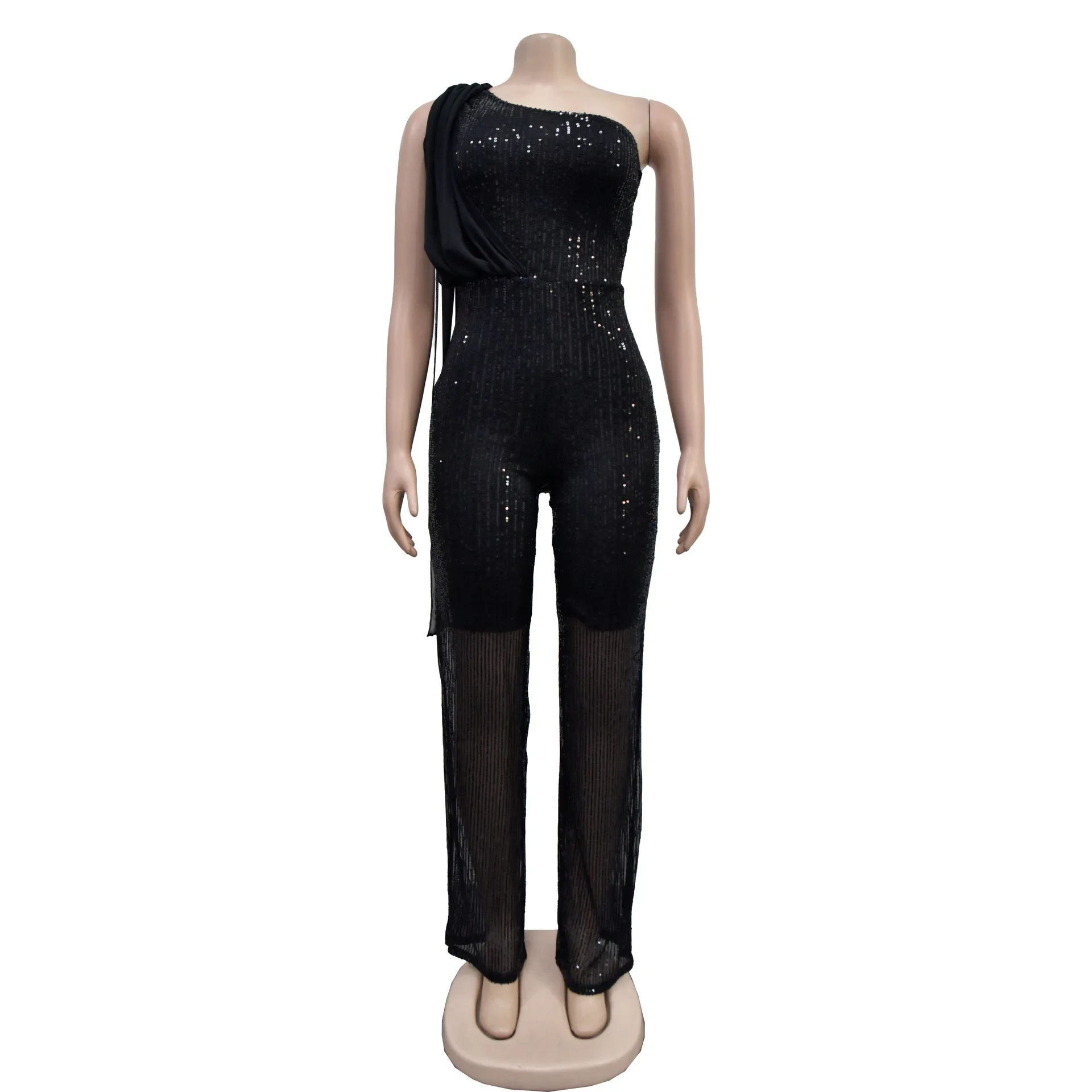 Sequin Luxury Street Jumpsuit Women Sleeveless Sexy Club One Piece Outfit Solid Straight Pant Female Fashion Party Jumpsuit