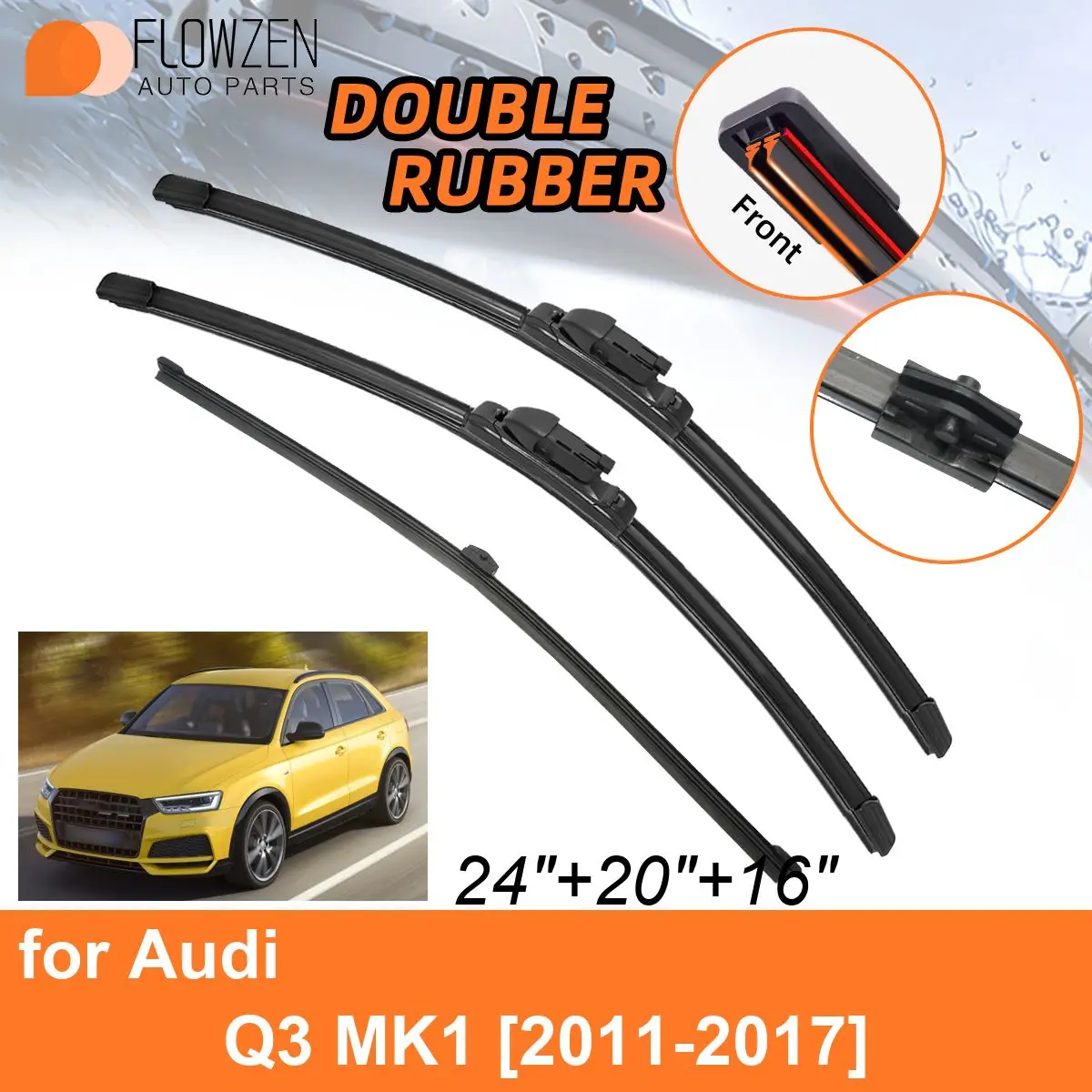 

Двойные резиновые автомобильные дворники для Audi Q3 MK1 2011-2017, передние и задние щетки, аксессуары 2011, 2012, 2013, 2014, 2015, 2016, 2017