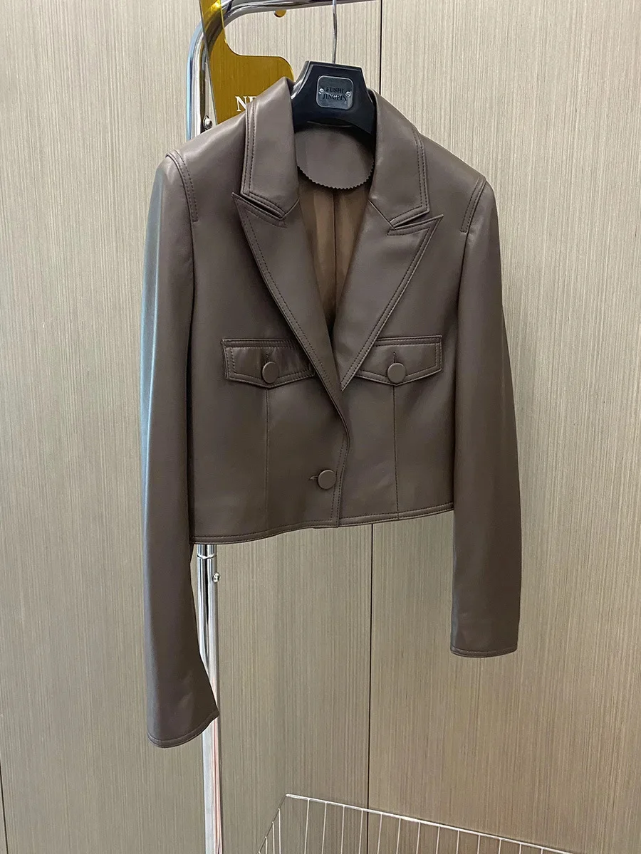 thumbnail image 1 of Chaqueta de piel auténtica ajustada y recortada para mujer, tendencia primavera otoño 2024, abrigo de piel de oveja auténtica suave y elegante de alta gama, 1 of 5