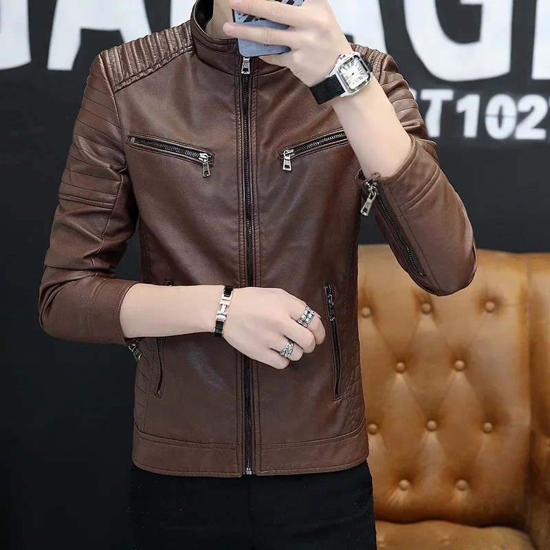 2024 Solid Color Cross-border Leather Jacket For Men Trendy Motorcycle Vest Windproof Slimming Smooths Your Silhouette 4