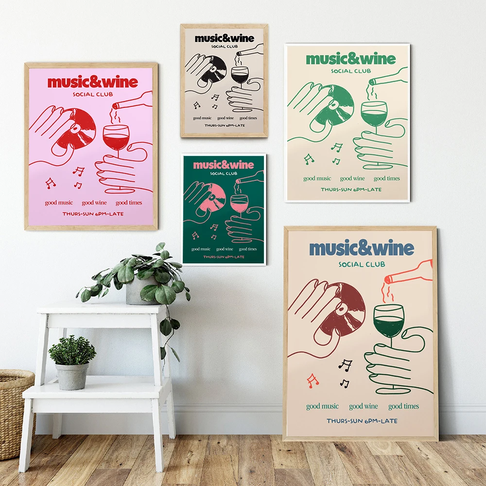 Music Wine Poster Funny Retro Hand Cd Line Drawing Canvas Painting Social Club Print Nordic Wall Pictures For Kitchen Home Decor