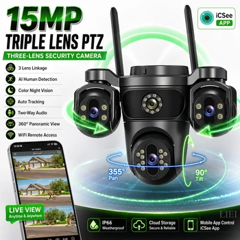 15MP WIFI Camera Three Screen PTZ Camera Human Detection Security CCTV Surveillance 10MP HD External Dual Lens Camera iCsee 1