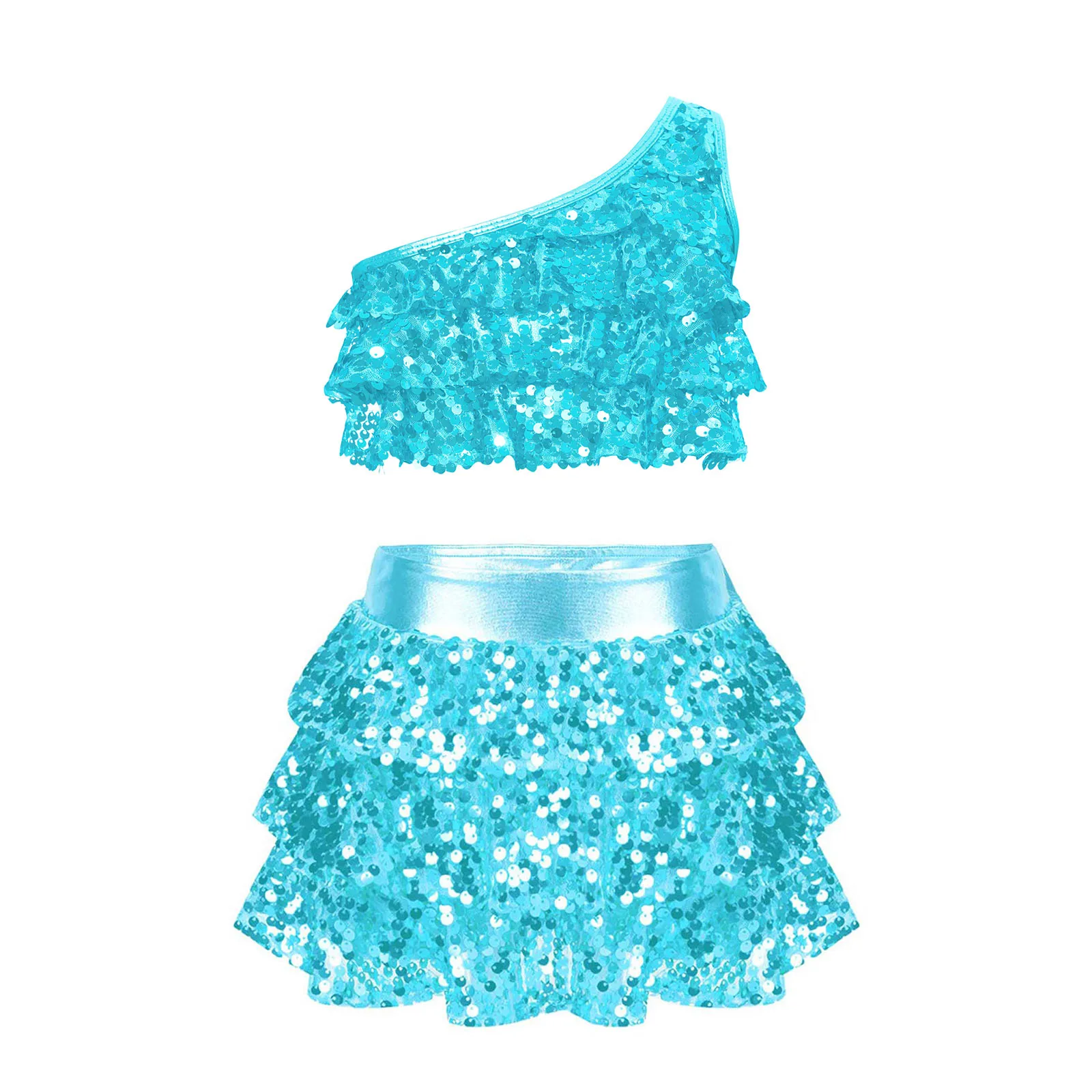 thumbnail image 1 of Traje de baile moderno para niñas, jazz, salsa latina, samba y rumba, top corto con lentejuelas brillantes metálicas y pantalones cortos con falda, culottes, 1 of 5