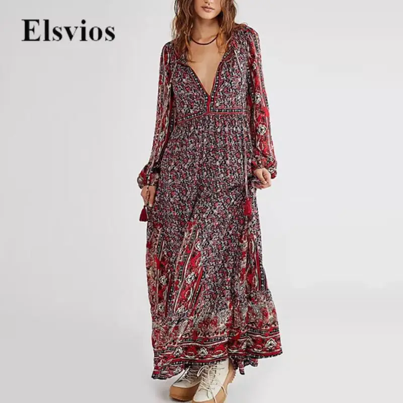 

Женское винтажное длинное платье в стиле бохо, Привлекательное платье с глубоким V-образным вырезом и бахромой, длинное пляжное платье с рукавами-фонариками и оборками, весна-осень