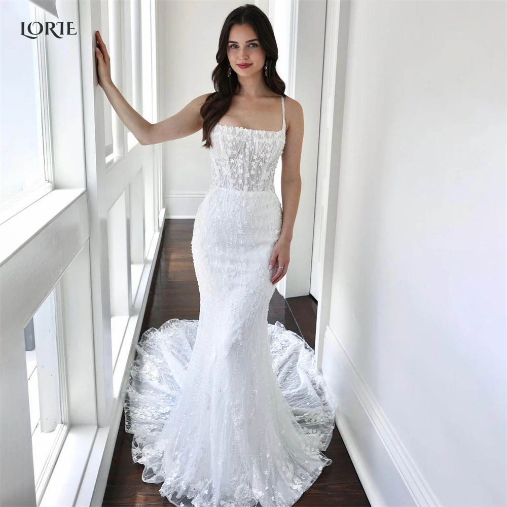

LORIE Squar Collar Mermaid Wedding Dresses Lace Spaghetti Straps Appliques Beach Bridal Gowns Bodycon Bride Gown robe de mariée