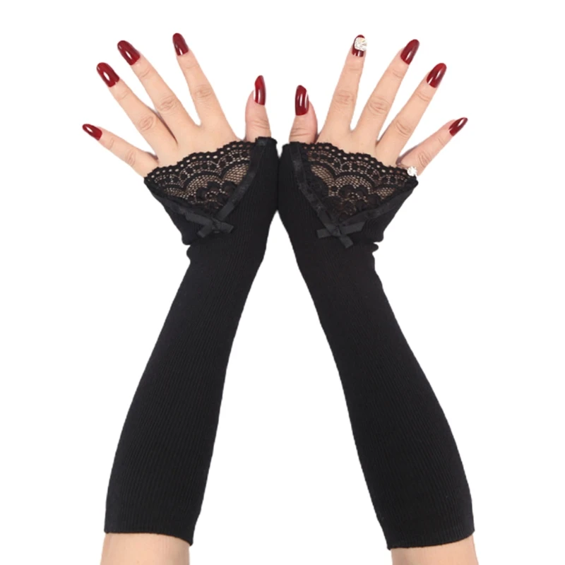 

Women Winter Ribbed Knitted Arm Warmers Sleeves Lace Bowknot Patchwork Long Fingerless Gloves Thermal Elbow Length Stretchy