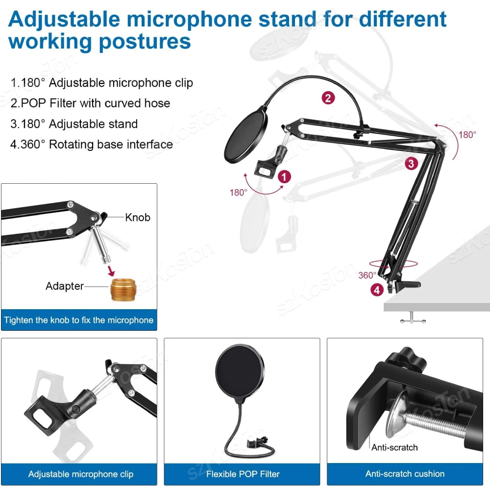 Microphone Stand Kits Adjustable Boom Arm Holder Pop Filter for Shure SM7B AM8 A8 A6V K658 K688 K669 microphone desk arm stand