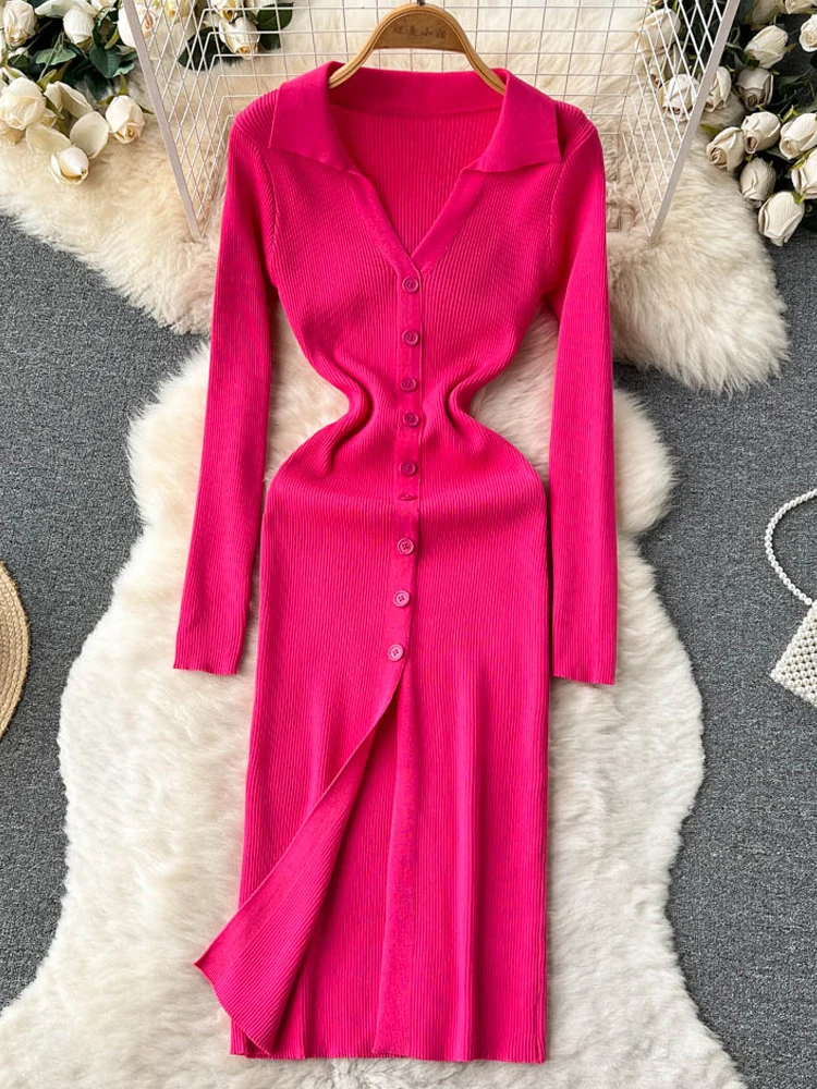 

YuooMuoo Women Dress 2022 New Fashion Single-breasted Slim Elastic Split Knitted Sweater Dress Long Sleeve Office Lady Vestidos