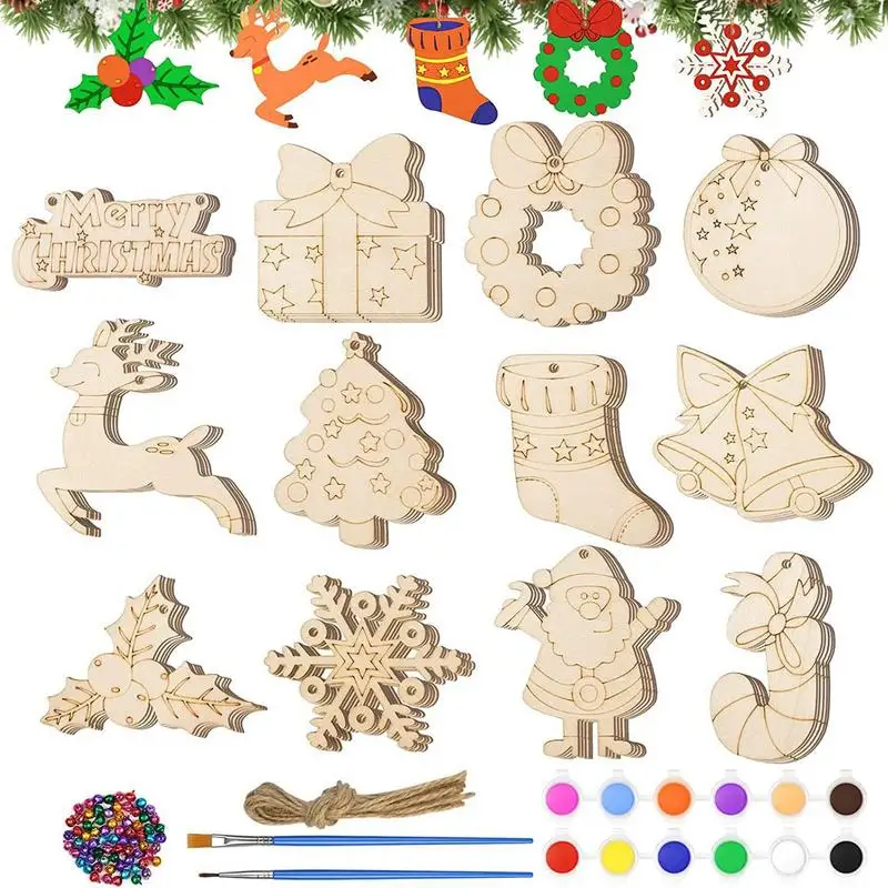 

60PCS Unfinished Wood Christmas tree Ornaments with lanyards for hanging Wooden christmas Crafts pendant for xmas decoration
