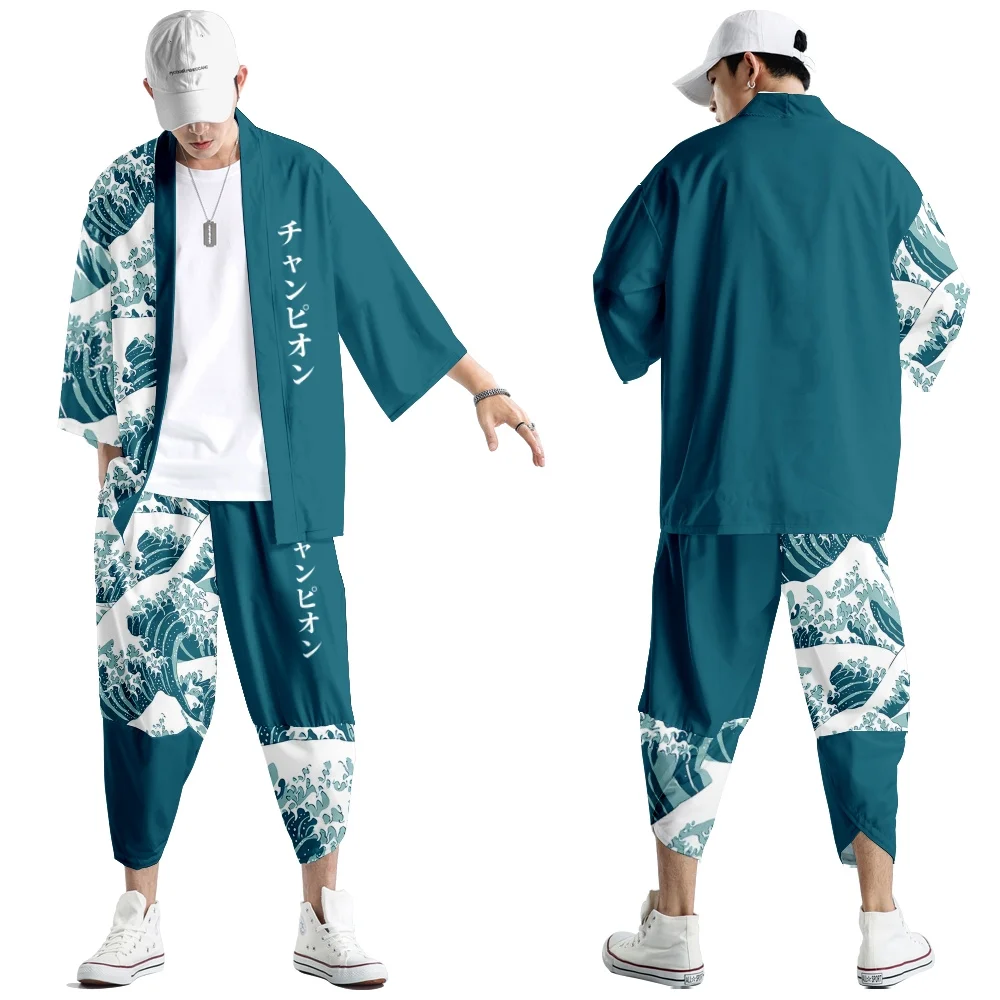 Japanese Traditional Clothing Clouds Ocean Waves Print Kimono Pants Men Asian Fashion Tang Suit Harajuku Hanfu Yukata Jacket