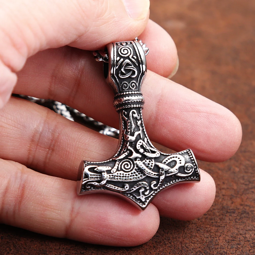 Nordic Thor Hammer Necklace Silver Color Stainless Steel Celtic Mjolnir Pendant Necklace Men's Lucky Amulet Jewelry Accessories
