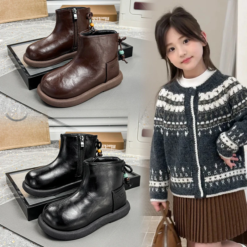 Leather Ankle Boots for Girls with Beaded Bow Non Slip