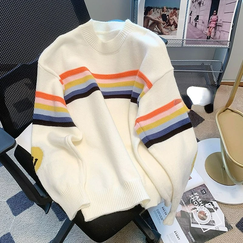 

Rainbow Striped Sweet Couple Sweater Women Autumn Winter Lazy Style Loose Pullover Knit Sweater Western Style Streetwear Top J96