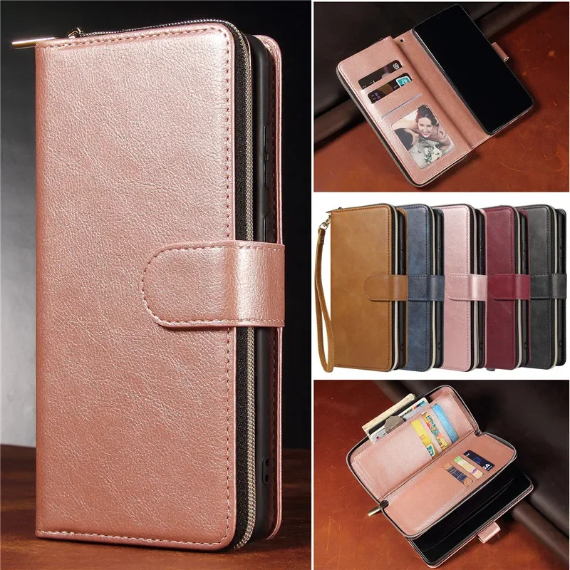 Premium Flip Leather Wallet Case with Zipper Purse and Multi-Card Slots