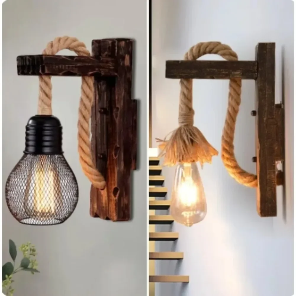 Retro Natural Wood Hemp Rope Wall Light Retro Industrial Wall Pendant Lamp for Bar Bedside Restaurant Bedroom Coffee American