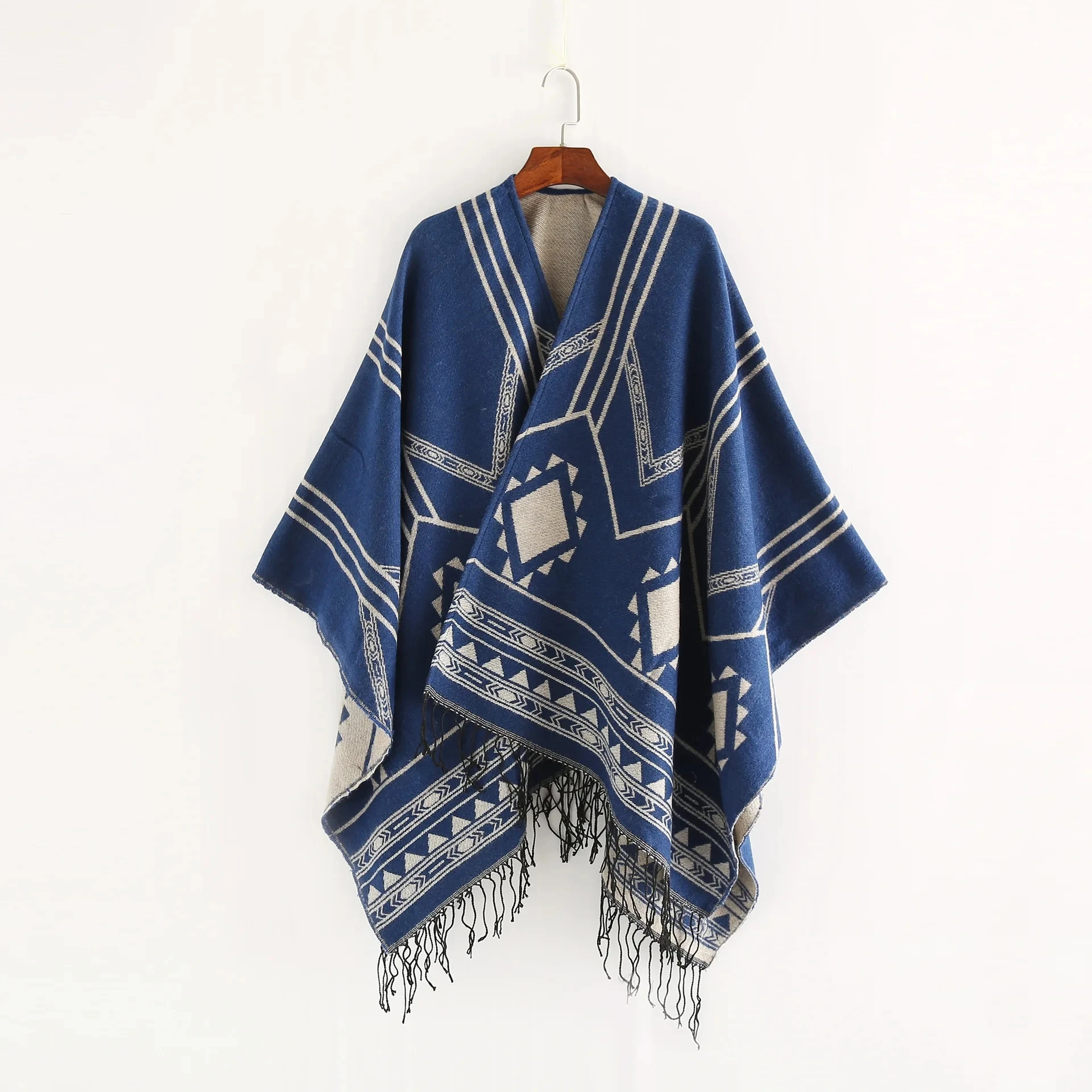 

Cloak Poncho Capes 2024 New Indian Nepalese Style Geometric Tassel Split Women Shawl Warm Air Conditioning Room Lady Blue