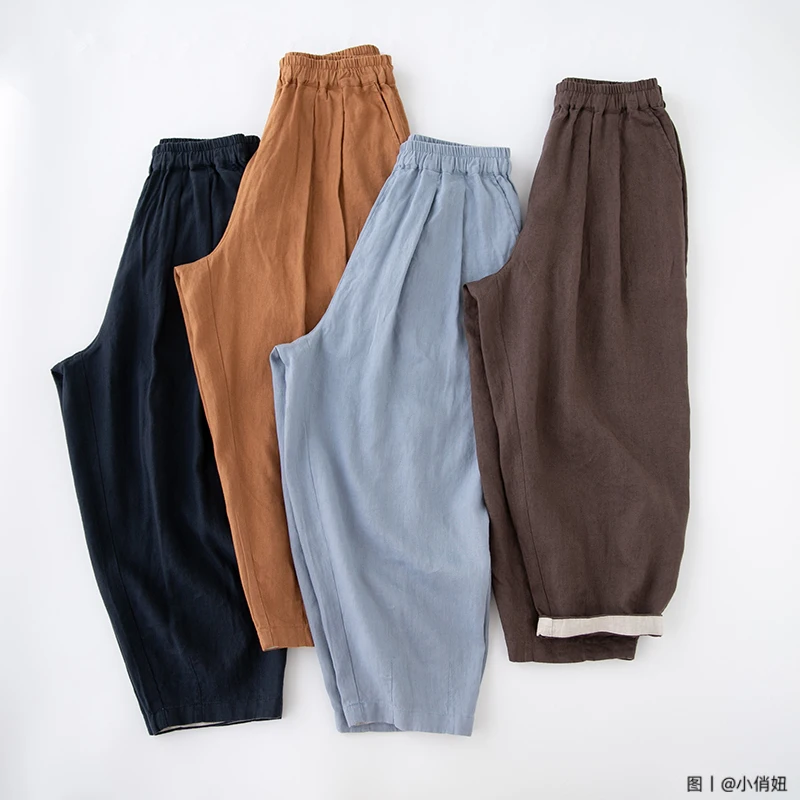 

Брюки-султанки женские универсальные из натурального льна с эластичным поясом