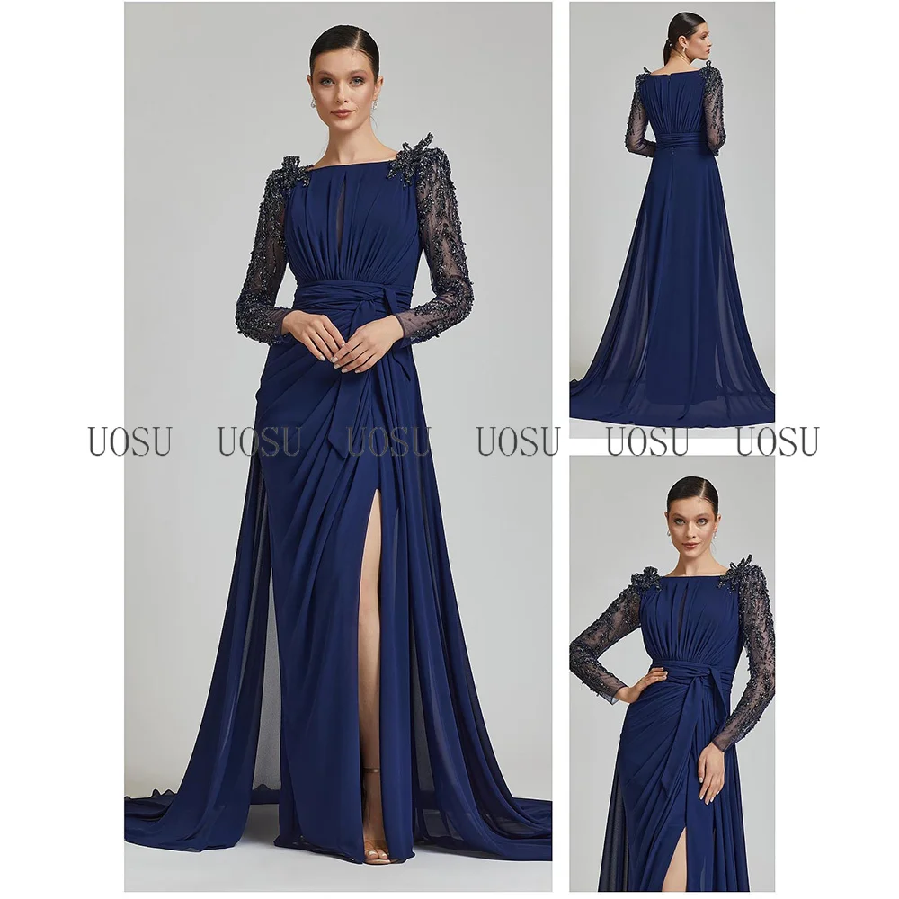 Mother Bride Dresses Lilac Mother of the Bride/Groom Dresses Long Sleeves Beaded Luxury Women's Wedding Guest Gowns Scoop Split Formal Evening Dress