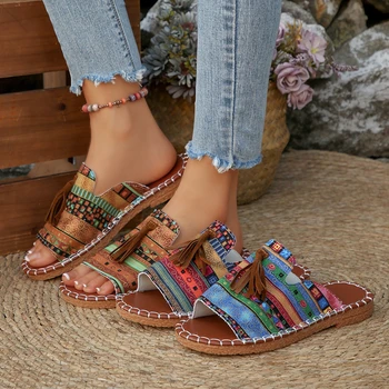 Comfortable Open Toe Slides for Women, Tribal Pattern with Tassel, Boho Casual Footwear