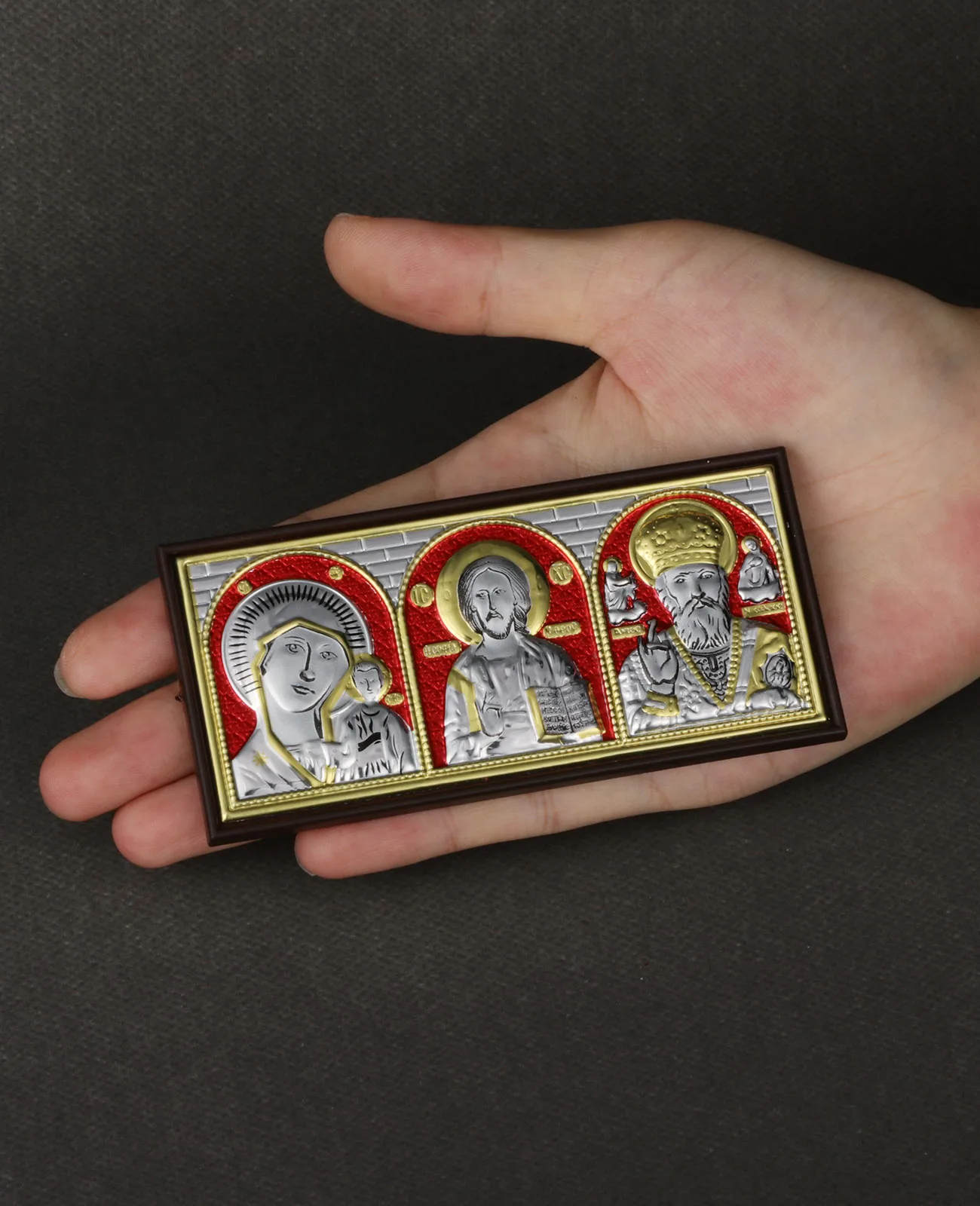 Orthodoxe Theotokos Pantocrator St.Nicholas Holzornament, dreifache Heilige Ikone, aufklebbare Türwand, Heimdekoration – Detail 5