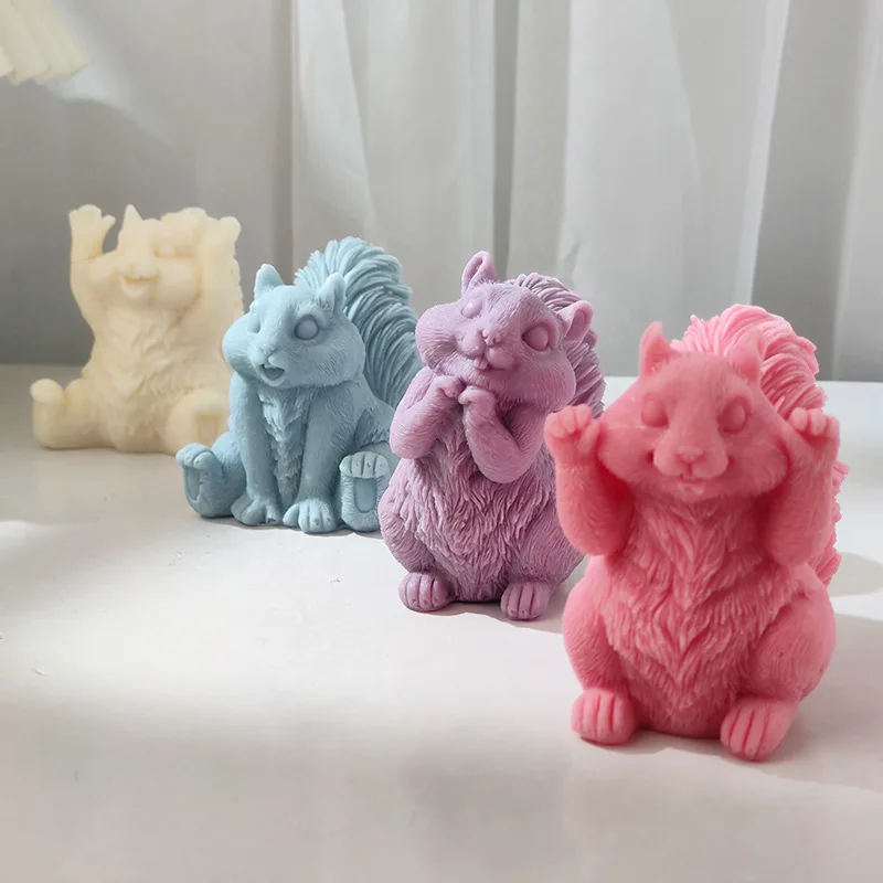 Four Cute Squirrels Candle Silicone Mold DIY Lovely Animal Squirrel Shape Plaster Candle Making Mould Resin Molds Home Decor