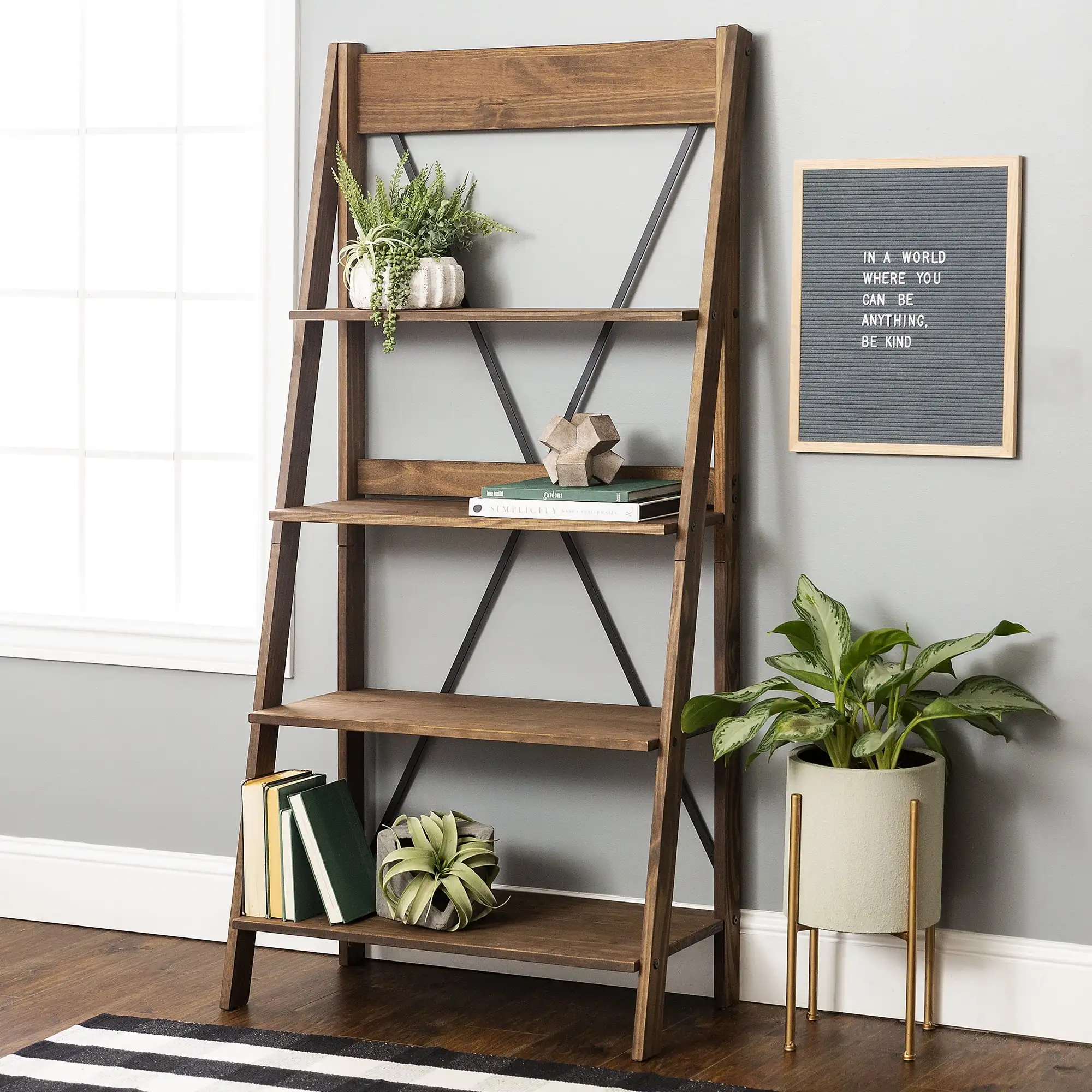

Solid Wood 4-Shelf Ladder Bookshelf Brown