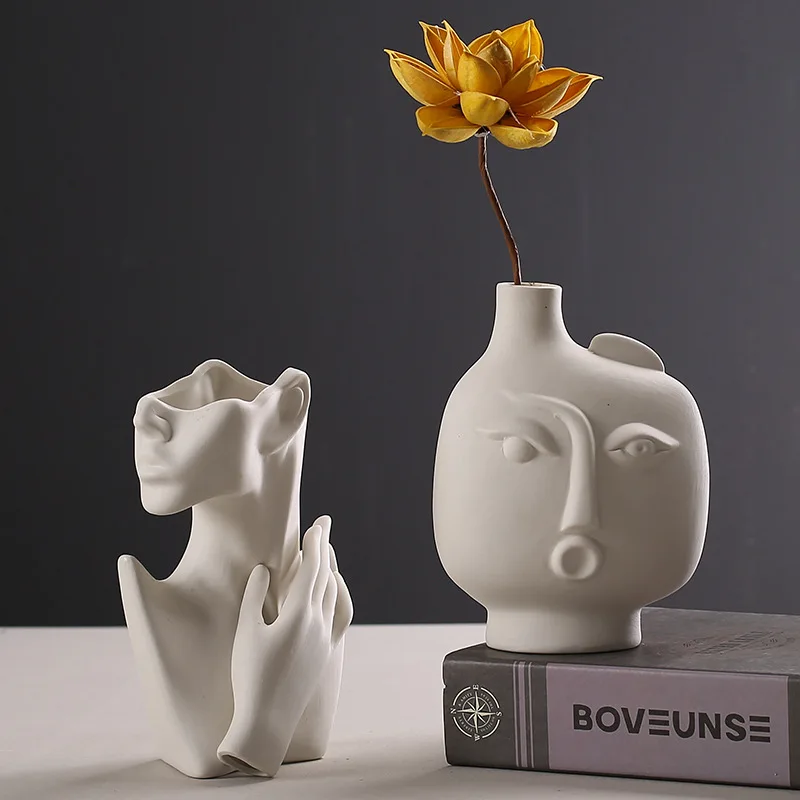 Nordic Modern Rustic Decor Face Shape Ceramic Flower Vase Abstract Art