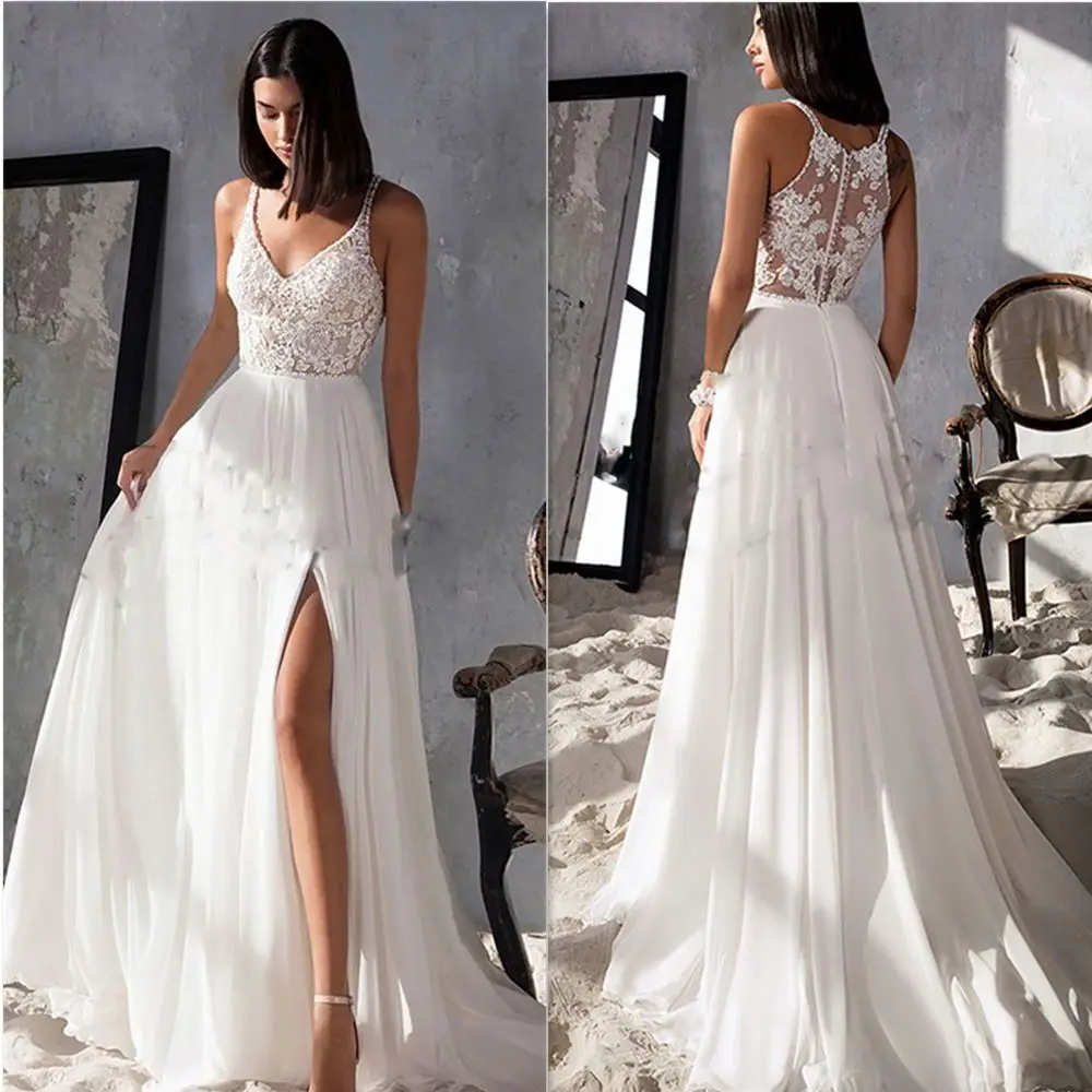 Simple V-Neck Front High Split Wedding Dresses For Women Custom Made 2022 Lace Appliques Chiffon Spaghetti Straps Bridal Gown 1