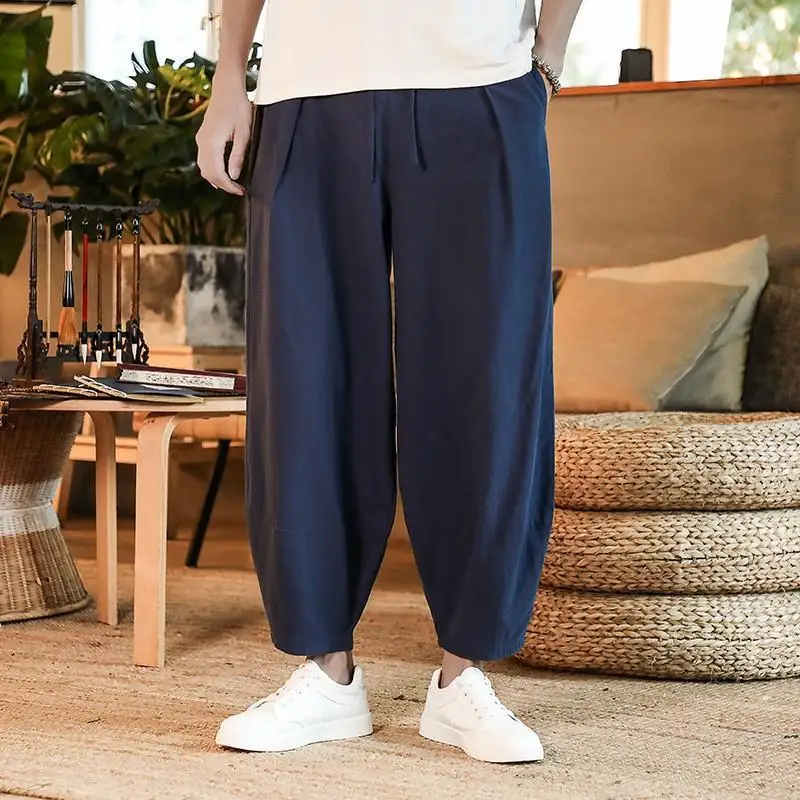 2023 Loose Men's Cotton Linen Pants Male Summer New Breathable Solid Color Linen Trousers Fitness Streetwear