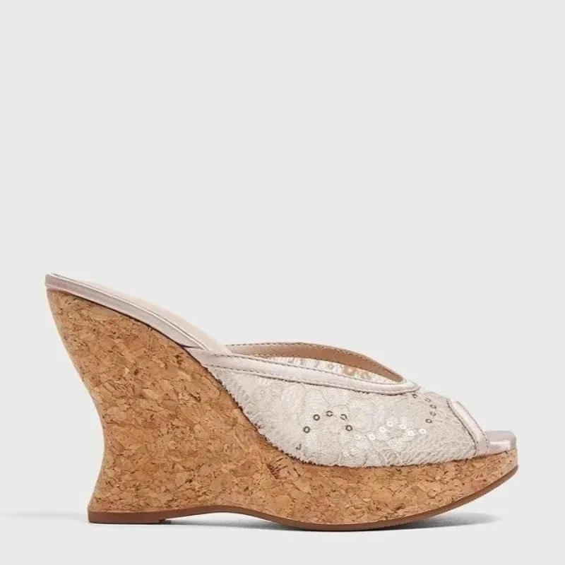 New Elegant Peep Toe Lace Wedges Mules Faux Wood Platform Rubber Sole Summer Casual Sandals Sewing Classic Daily Single Shoes
