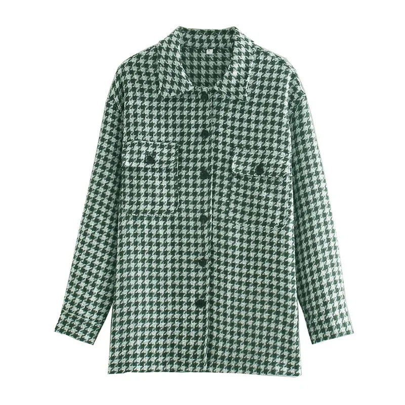 2021 Autumn Winter Plaid Jackets Houndstooth Long Sleeve Female Streetwear Women Loose Casual Turn Collar Single Breasted Coats