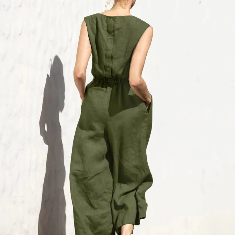 Casual O-Neck Cotton Linen Jumpsuit Overalls 2022 Summer Sexy Sleeveless Solid Romper Office Lady Wide Leg Loose Pant Playsuit
