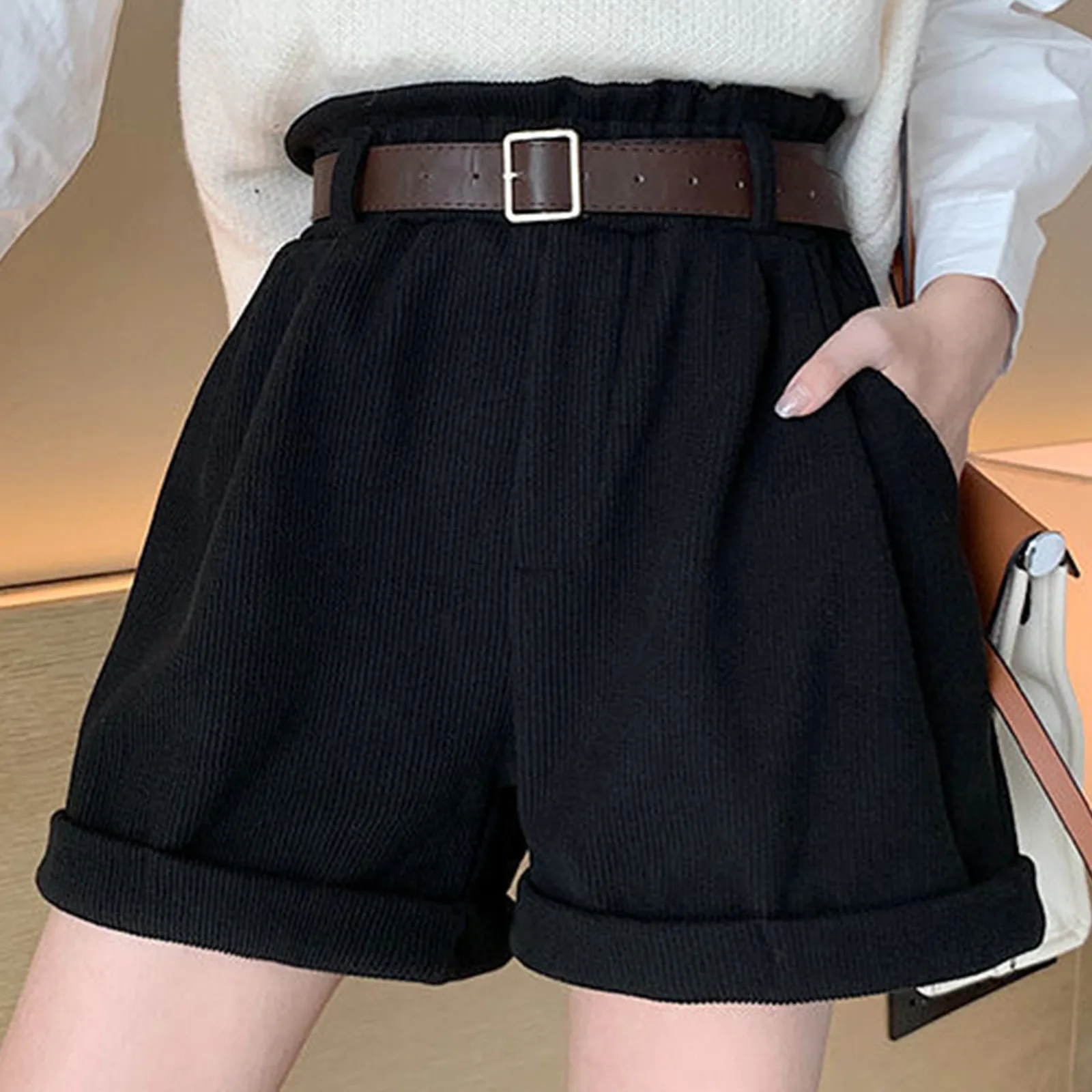 

Women'S Summer Pleated Casual Shorts Pocket Belt High Waisted Wide Leg Ladies Soft Corduroy Short Pants Pantalones Cortos