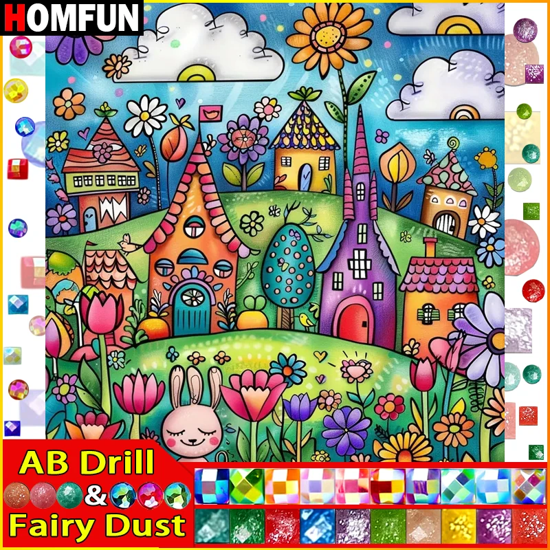 HOMFUN Fairy Dust AB 5D DIY Diamond Painting "House Flower Scenery" Full Drill Resin Diamond Embroidery Cross Stitch Home Decor