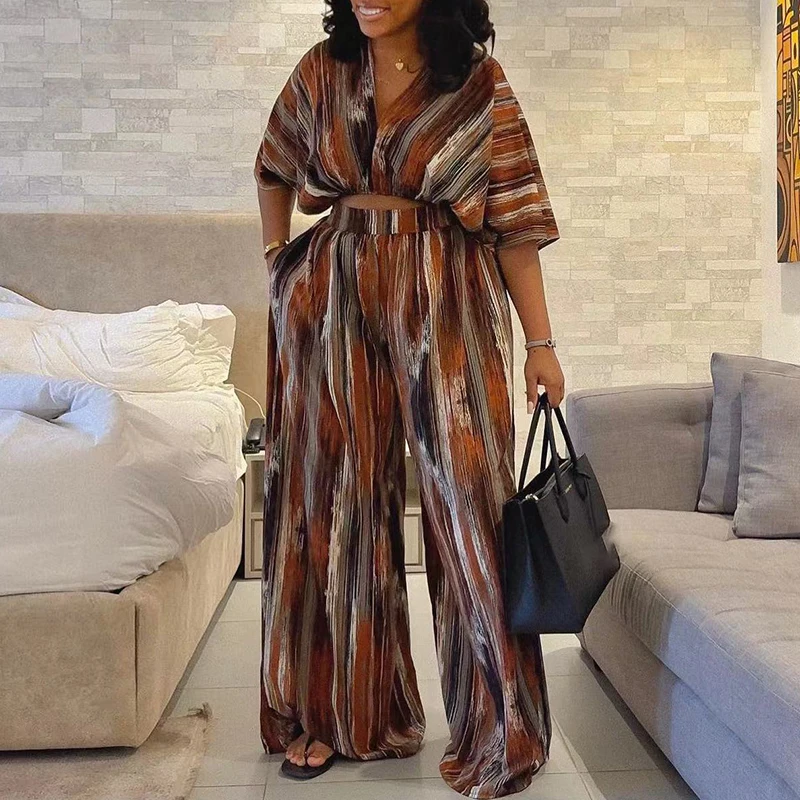 

Женский офисный костюм в полоску, блузка с V-образным вырезом и брюки с высокой талией и карманами, комплект из 2 предметов, лето 2024