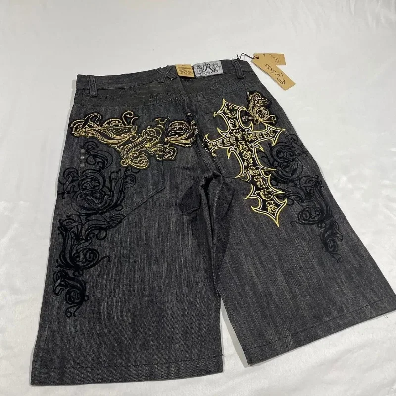 American Vintage Hip-Hop Geometric Print Denim Shorts Y2K Street New Rock Gothic Baggy Shorts Men Leisure Harajuku Loose men jeans denim shorts summer jeans shorts