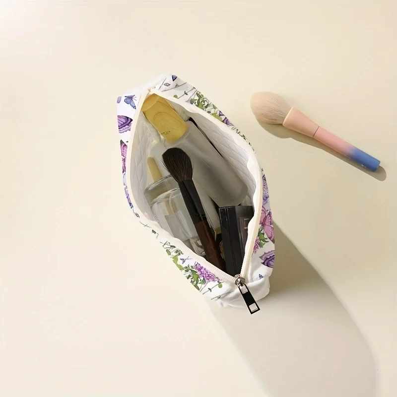1pc，Purple butterfly print pattern makeup bag, portable makeup storage bag, multifunctional storage bag, lightweight travel bag