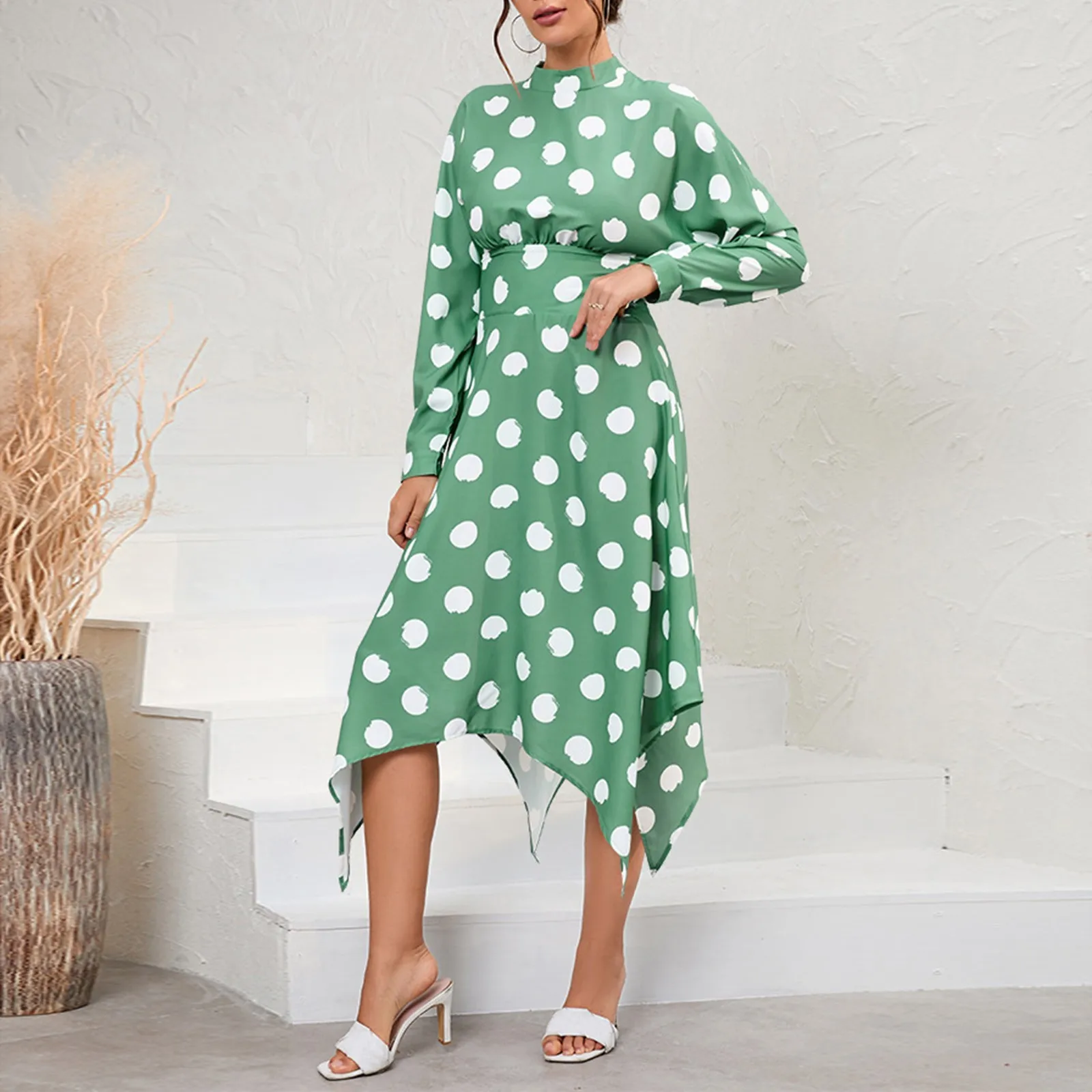 

Elegant Long Sleeve Irregular Hem Flowy Dress Polka Dot High Neck Long Dresses Early Party Dresses Women Pretty Women'S Dresses