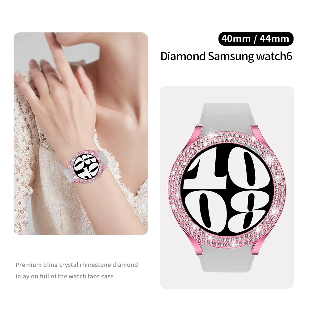 Bling Double Diamond Case for Samsung Galaxy Watch 6 40mm Women PC Hard Hollow Frame Protective Bumper Galaxy Watch 6 44mm Cover