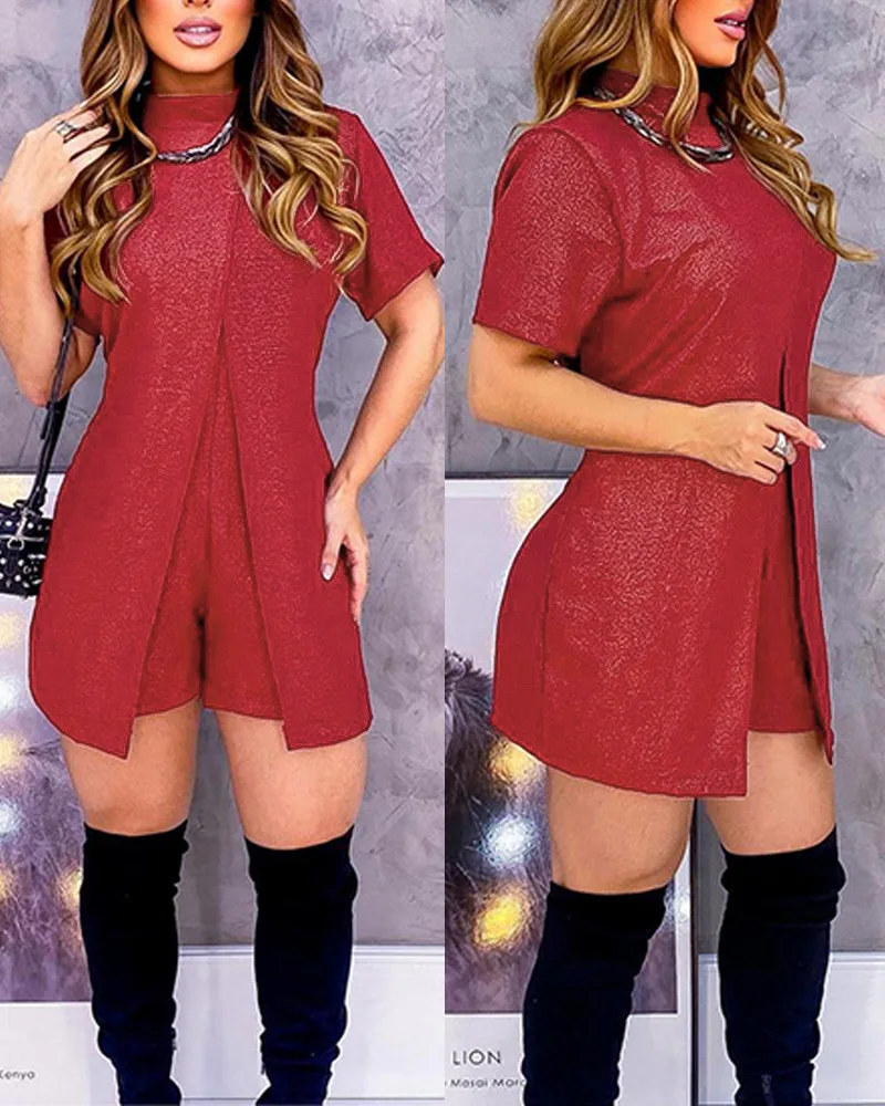 

Short Sleeve Fake Two-Piece Slit Romper Women Playsuit Shorts Pants Summer Spring Solid Color Fashion