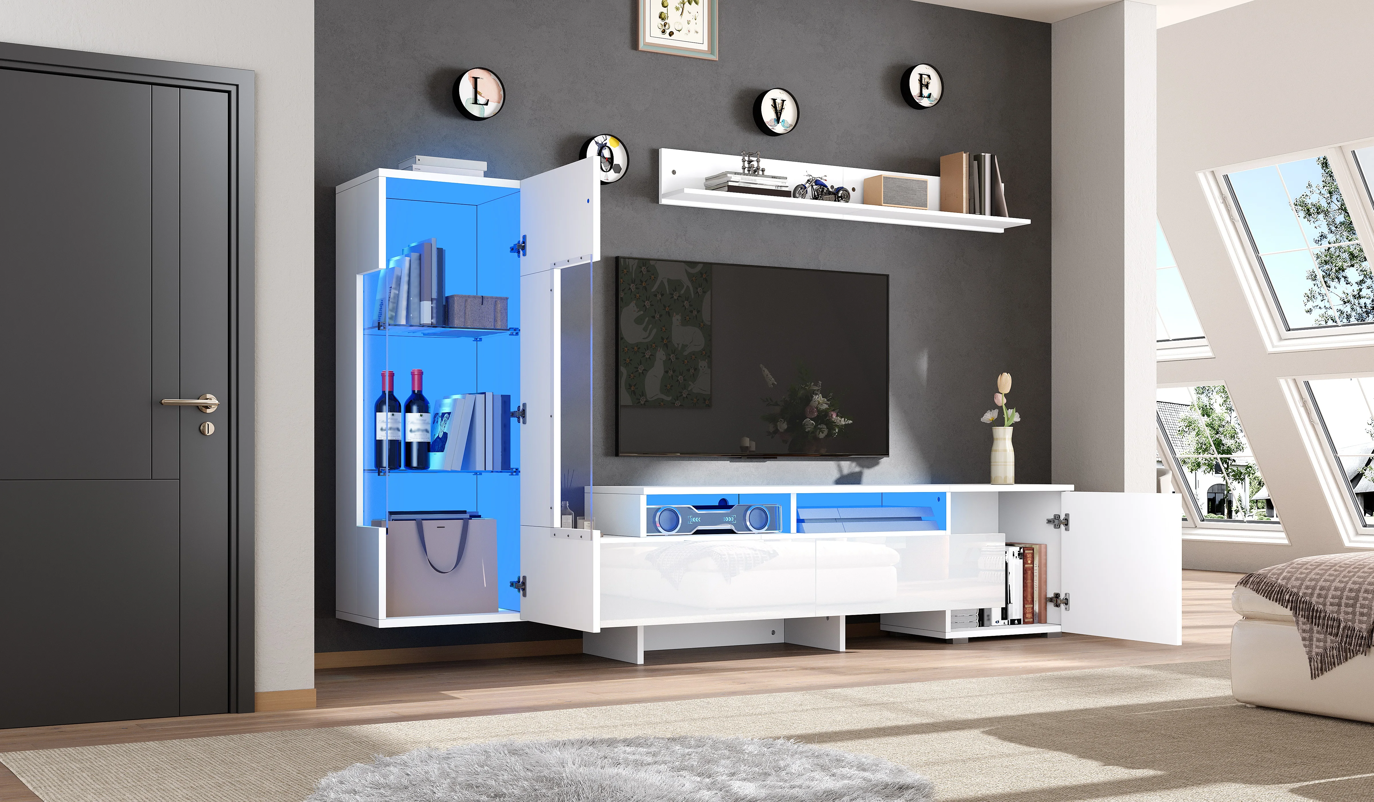 3-tlg. TV Wohnwand Set Hochglanz mit LED, moderner TV-Schrank stehend/hängend, Acryl-/Glastüren, weiß, bis 70 Zoll – Detail 5