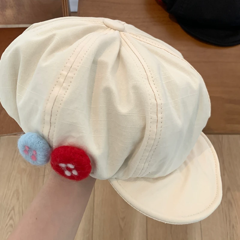 여성용 문학적 다채로운 펠트 단추 디자이너 베레모 모자, 작은 얼굴 표시, 일본 레트로 오버사이즈 팔각형 뉴스보이 모자