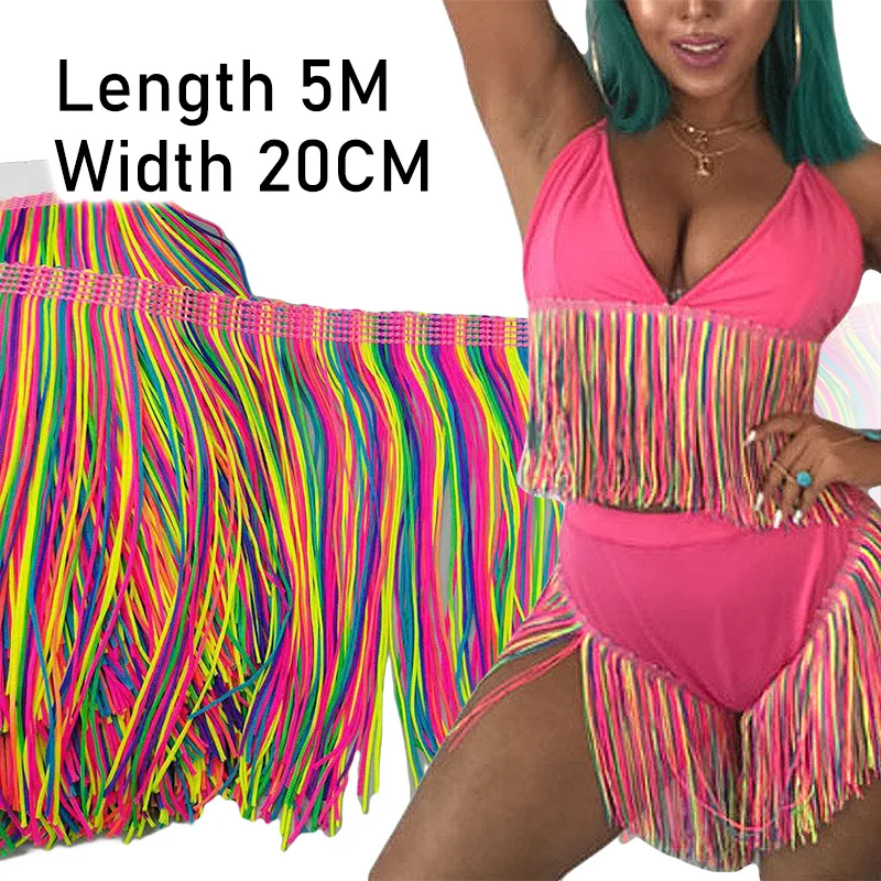 

20cm Width Latin Fringe Rainbow Tassel Assorted Color Nylon Latin Dance Dress Trimming Fluorescent Macrame Lace DIY Accessories