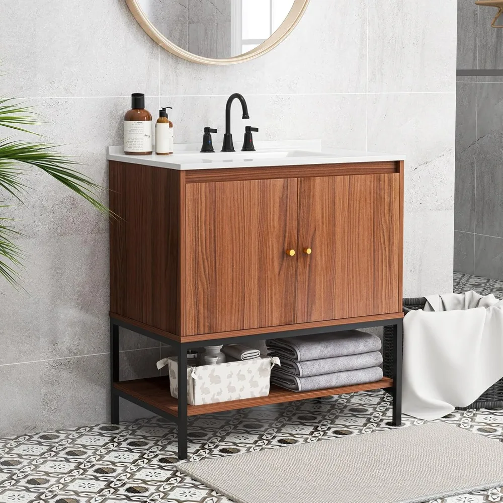 Bathroom Vanity with Sink Combo Bathroom Cabinet with Doors Open Shelf Sink Backsplash Stainless Faucet Pop Up Drain