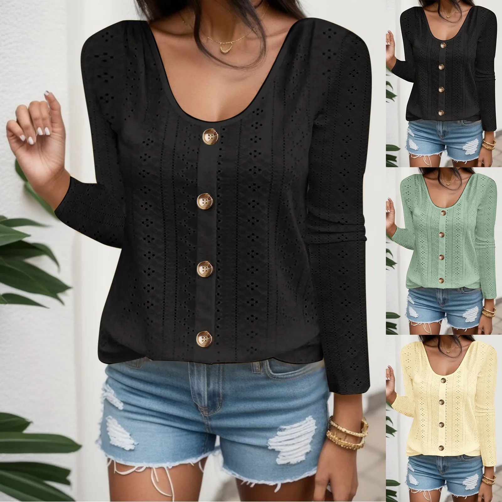 

Casual Autumn Hollow Out V Neck Button Up Blouses For Women Fashion 2023 Elegant Loose Pullover Low Cut Tunic Tops Korean Blusas